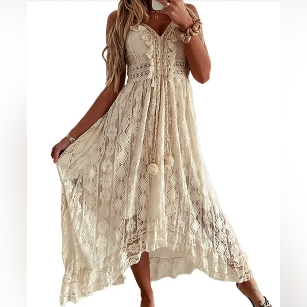 Women’s Boho Chic Floral V-Neck Maxi Sun Dress Lace Hem Beach Party Wedding - Picture 1 of 4
